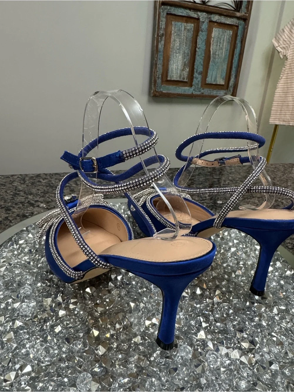 Crystal-Embellished Royal Blue Satin Slingback Heels EUC 11